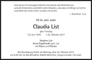 Traueranzeige von Claudia List von Süddeutsche Zeitung