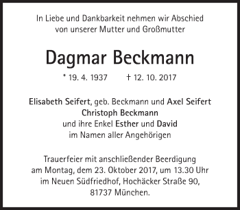 Traueranzeige von Dagmar Beckmann von Süddeutsche Zeitung