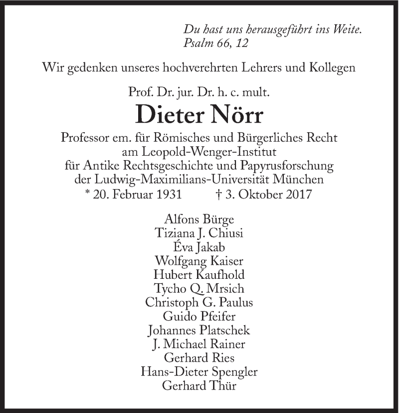  Traueranzeige für Dieter Nörr vom 07.10.2017 aus Süddeutsche Zeitung