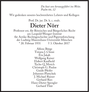 Traueranzeige von Dieter Nörr von Süddeutsche Zeitung