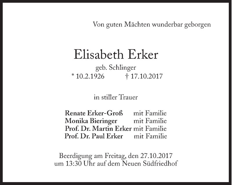  Traueranzeige für Elisabeth Erker vom 25.10.2017 aus Süddeutsche Zeitung