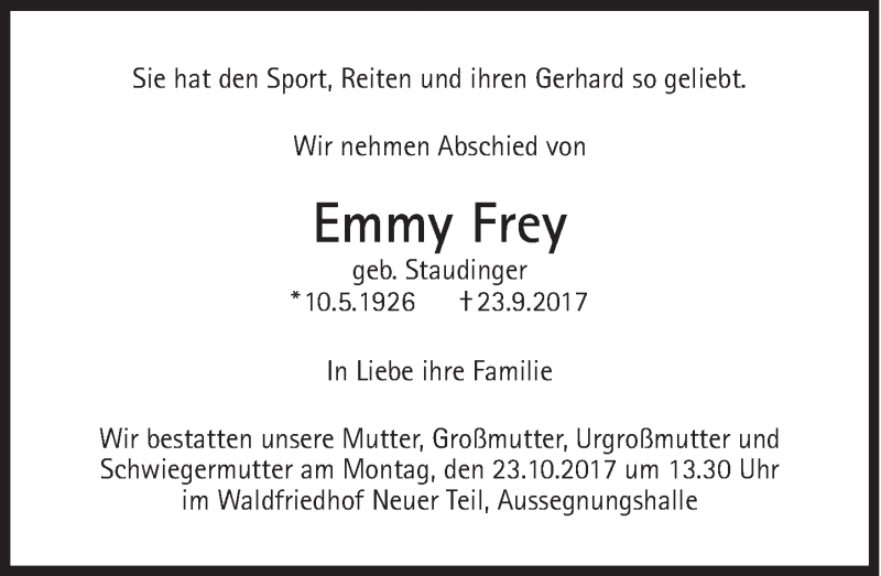  Traueranzeige für Emmy Frey vom 21.10.2017 aus Süddeutsche Zeitung