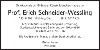 Traueranzeige von Erich Schneider-Wessling von Süddeutsche Zeitung