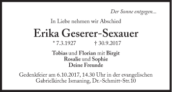 Traueranzeige von Erika Geserer-Sexauer von Süddeutsche Zeitung