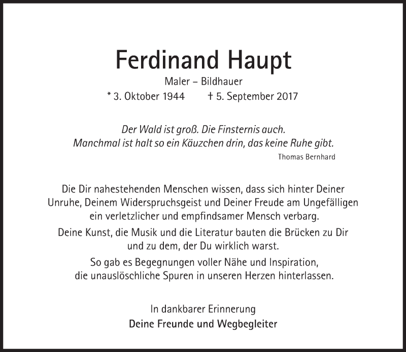  Traueranzeige für Ferdinand Haupt vom 14.10.2017 aus Süddeutsche Zeitung