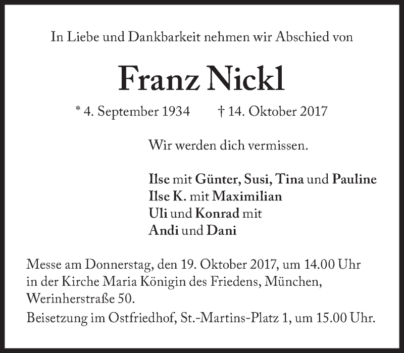 Traueranzeige für Franz Nickl vom 17.10.2017 aus Süddeutsche Zeitung