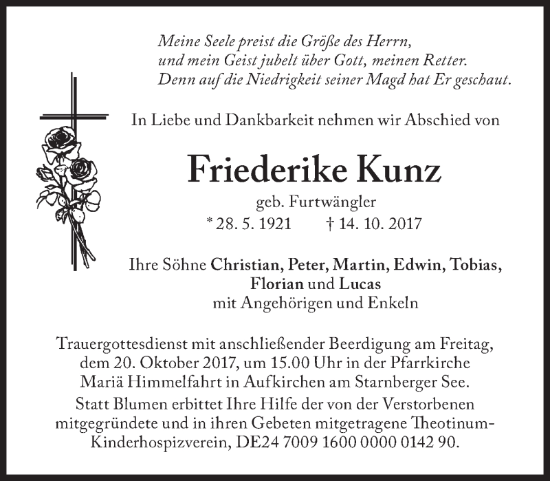  Traueranzeige für Friederike Kunz vom 18.10.2017 aus Süddeutsche Zeitung