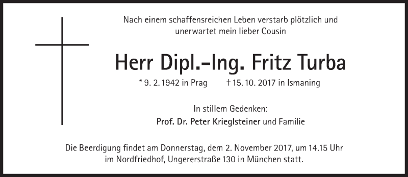  Traueranzeige für Fritz Turba vom 28.10.2017 aus Süddeutsche Zeitung