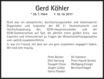 Traueranzeige von Gerd Köhler von Süddeutsche Zeitung