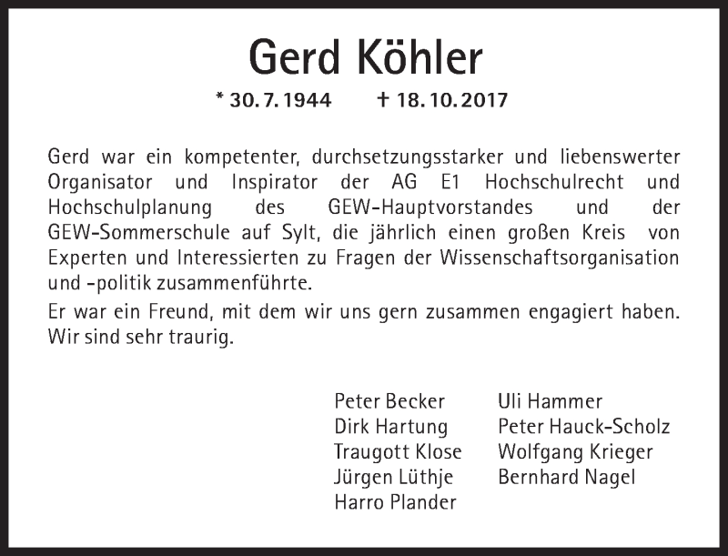  Traueranzeige für Gerd Köhler vom 28.10.2017 aus Süddeutsche Zeitung