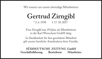 Traueranzeige von Getrud Zirngibl von Süddeutsche Zeitung