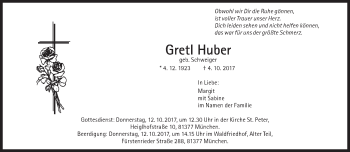 Traueranzeige von Gretl Huber von Süddeutsche Zeitung