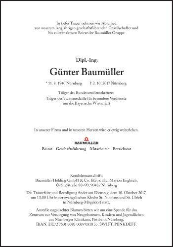 Traueranzeige von Günter Baumüller von Süddeutsche Zeitung