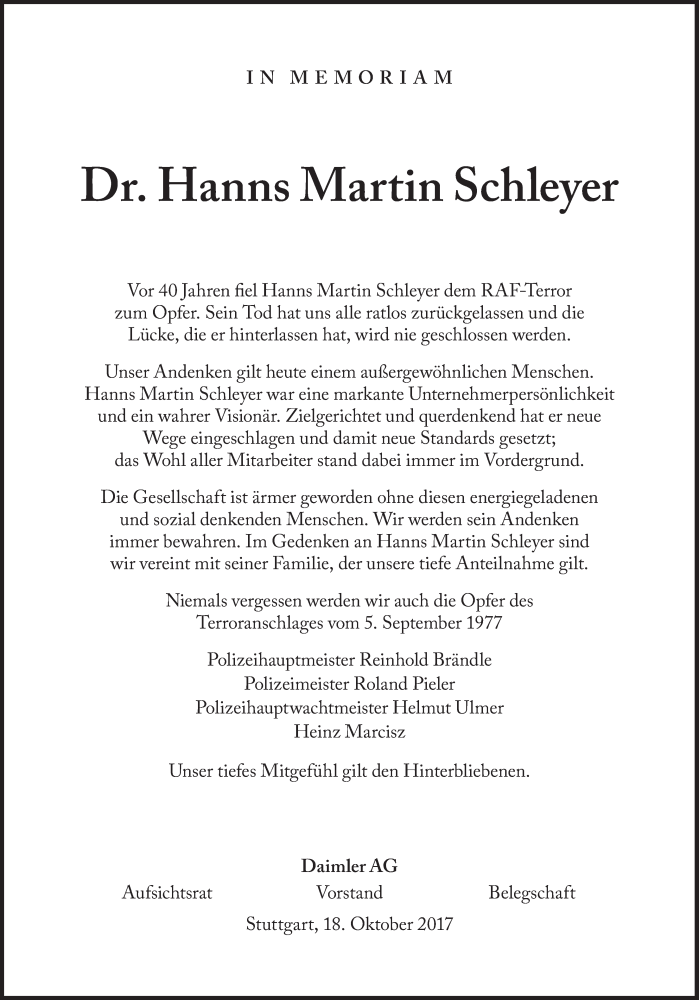 Anzeige Von Hanns Martin Schleyer Sz Gedenken De