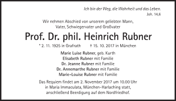 Traueranzeige von Heinrich Rubner von Süddeutsche Zeitung