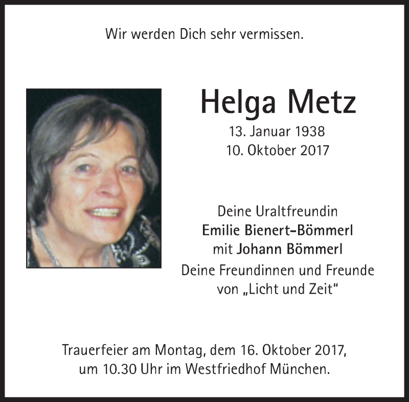  Traueranzeige für Helga Metz vom 14.10.2017 aus Süddeutsche Zeitung