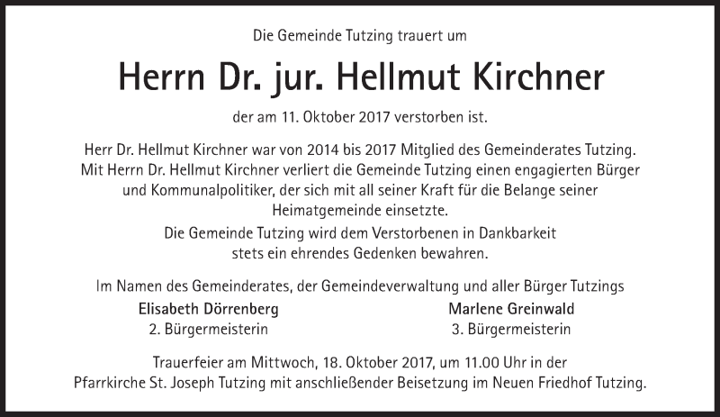  Traueranzeige für Hellmut Kirchner vom 14.10.2017 aus Süddeutsche Zeitung