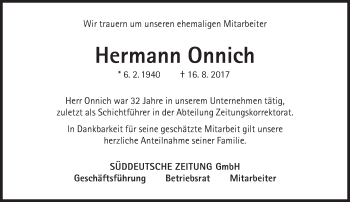 Traueranzeige von Hermann Onnich von Süddeutsche Zeitung