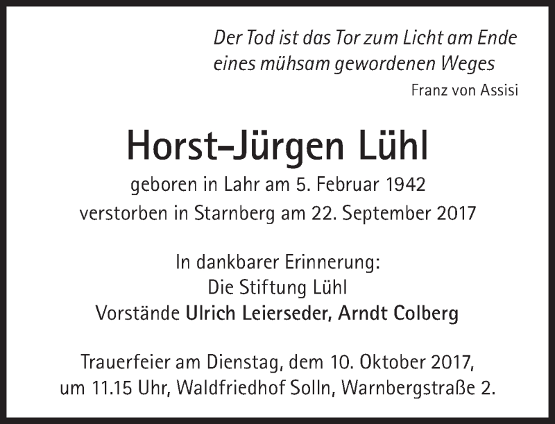  Traueranzeige für Horst-Jürgen Lühl vom 07.10.2017 aus Süddeutsche Zeitung