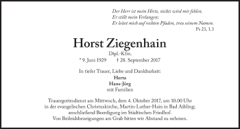 Traueranzeige von Horst Ziegenhain von Süddeutsche Zeitung