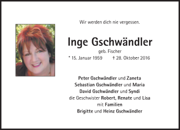 Traueranzeige von Inge Gschwändler von Süddeutsche Zeitung