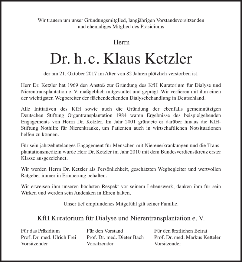  Traueranzeige für Klaus Ketzler vom 28.10.2017 aus Süddeutsche Zeitung