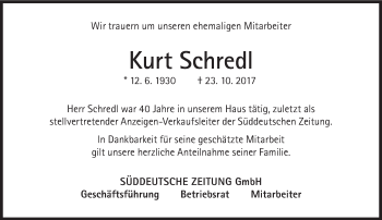 Traueranzeige von Kurt Schredl von Süddeutsche Zeitung
