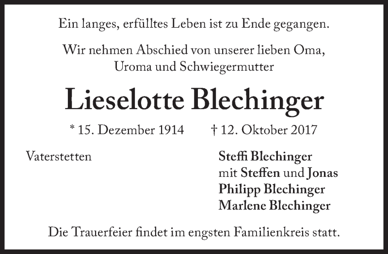  Traueranzeige für Lieselotte Blechinger vom 18.10.2017 aus Süddeutsche Zeitung