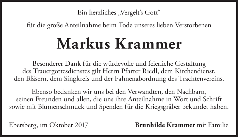  Traueranzeige für Markus Krammer vom 14.10.2017 aus Süddeutsche Zeitung