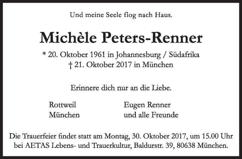  Traueranzeige für Michele Peters-Renner vom 25.10.2017 aus Süddeutsche Zeitung
