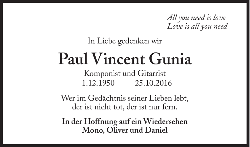 Traueranzeige für Paul Vincent Gunia vom 25.10.2017 aus Süddeutsche Zeitung