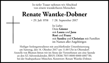 Traueranzeige von Renate Wantke-Dobner von Süddeutsche Zeitung