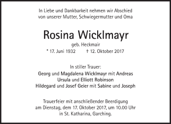 Traueranzeige von Rosina Wicklmayr von Süddeutsche Zeitung