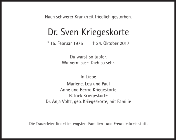 Traueranzeige von Sven Kriegeskorte von Süddeutsche Zeitung