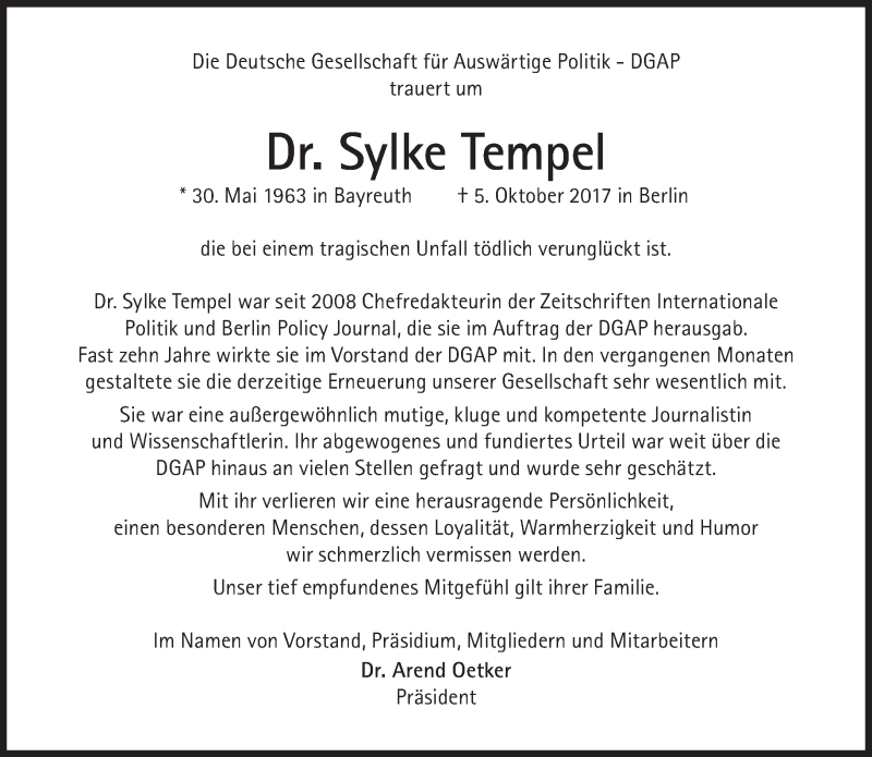  Traueranzeige für Sylke Tempel vom 14.10.2017 aus Süddeutsche Zeitung