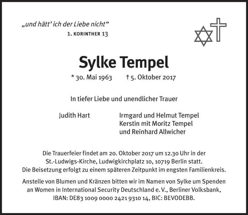  Traueranzeige für Sylke Tempel vom 14.10.2017 aus Süddeutsche Zeitung