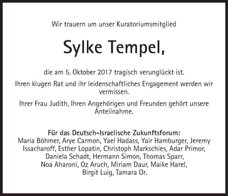  Traueranzeige für Sylke Tempel vom 09.10.2017 aus Süddeutsche Zeitung
