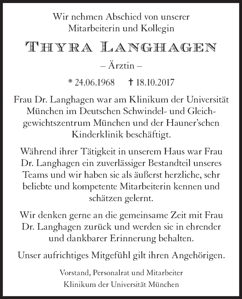  Traueranzeige für Thyra Langhagen vom 27.10.2017 aus Süddeutsche Zeitung
