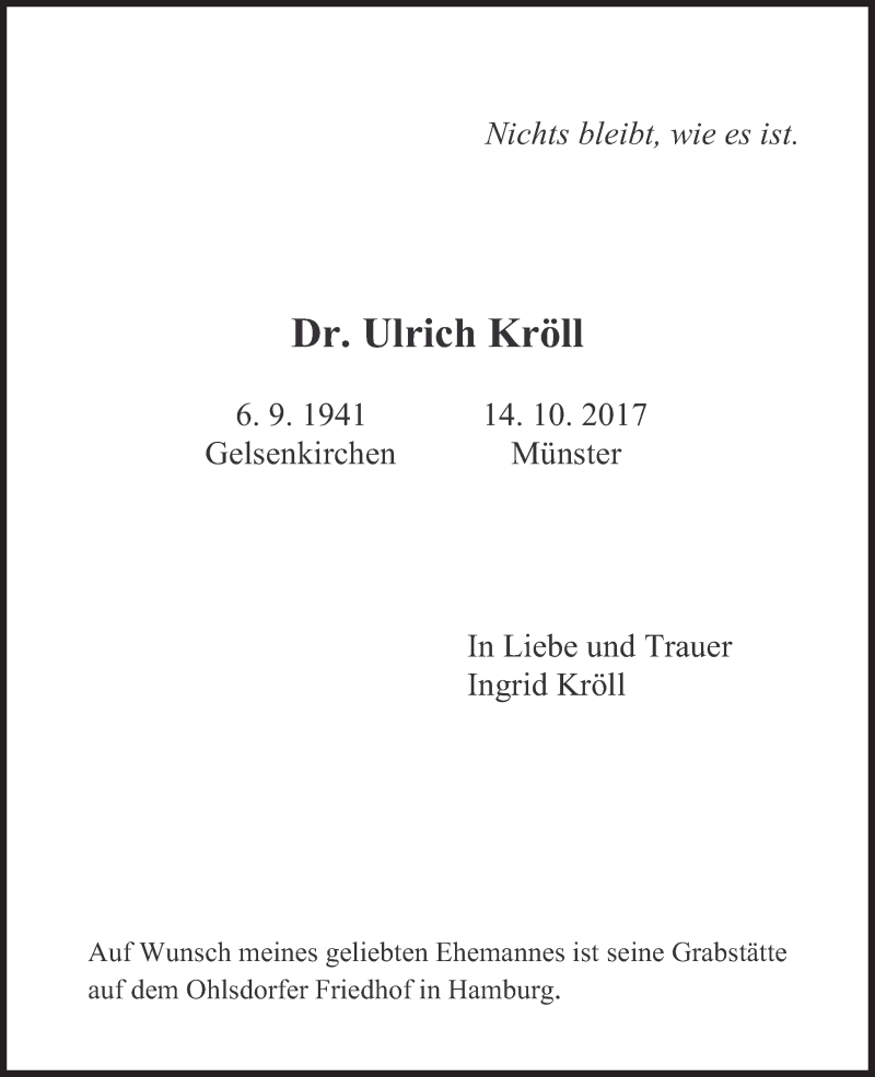  Traueranzeige für Ulrich Kröll vom 28.10.2017 aus Süddeutsche Zeitung