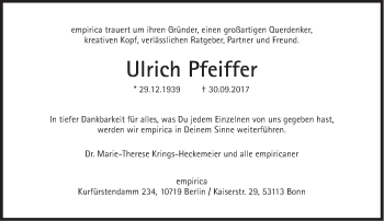 Traueranzeige von Ulrich Pfeiffer von Süddeutsche Zeitung