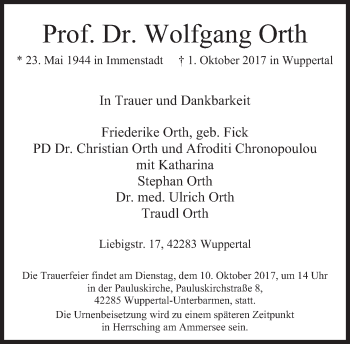 Traueranzeige von Wolfgang Orth von Süddeutsche Zeitung