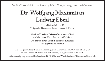 Traueranzeige von Wolfgang Maximilian Ludwig Eberl von Süddeutsche Zeitung