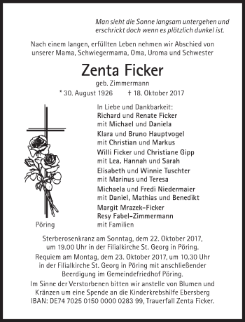 Traueranzeige von Zenta Ficker von Süddeutsche Zeitung