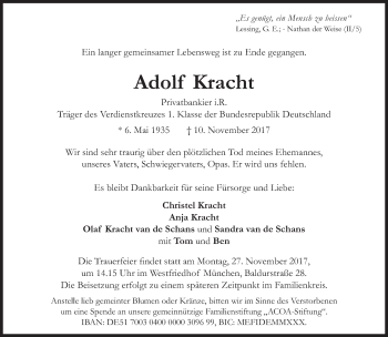 Traueranzeige von Adolf Kracht von Süddeutsche Zeitung