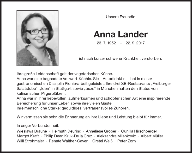  Traueranzeige für Anna Lander vom 11.11.2017 aus Süddeutsche Zeitung