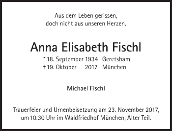 Traueranzeige von Anna Elisabeth Fischl von Süddeutsche Zeitung