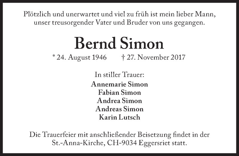  Traueranzeige für Bernd Simon vom 30.11.2017 aus Süddeutsche Zeitung