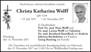 Traueranzeige von Christa Katharina Wolff von Süddeutsche Zeitung