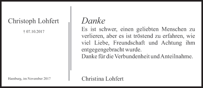  Traueranzeige für Christoph Lohfert vom 04.11.2017 aus Süddeutsche Zeitung