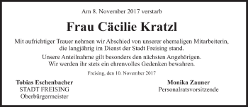 Traueranzeige von Cäcilie Kratzl von Süddeutsche Zeitung